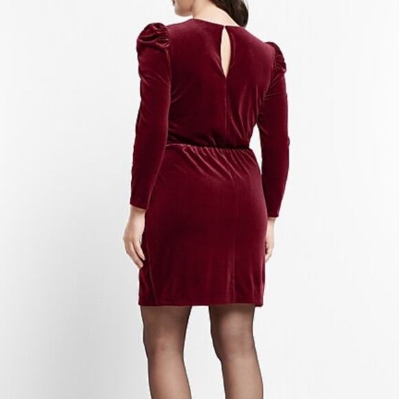 Express Women's Velvet Puff Sleeve Wrap Skirt Mini Sheath Dress Burgundy Size XL - Picture 2 of 11